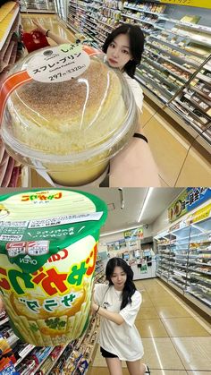 a woman standing in front of a store display filled with food