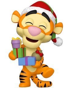 a cartoon tiger holding a gift box and wearing a santa hat on it's head