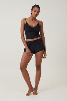 SOFT LOUNGE LACE TRIM SHORT Black Short Length Sleepwear For Loungewear, Black Stretch Short Sleepwear, Black Short Length Summer Sleepwear, Black Short Length Tops For Loungewear, Lace Trim Shorts, Blouse Jeans, Pyjama Bottoms, Pajama Bottoms, Linen Trousers