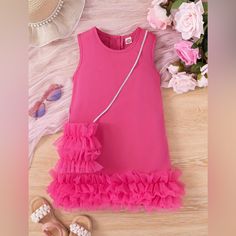 Girls' Sleeveless Round Neck Casual Dress With Tulle Hem And Matching Purse, Knee-Length Fashion Outfit For Summer Outings Cute Sleeveless Princess Dress For Summer, Sleeveless Princess Dress For Summer Dress-up, Summer Sleeveless Ruffled Princess Dress, Sleeveless Pink Princess Dress For Summer, Sleeveless Ruffled Dress For Dress-up, Pink Sleeveless Tutu Dress For Spring, Cute Pink Sleeveless Tutu Dress, Outfit For Summer, Dress With Tulle