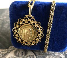 17" French Protection Necklace, Mother Mary Medal, Virgin Mary Pendant GOLD Hallmarked Medallion Necklace For Gift, Vintage Medallion Necklace With Coin Pendant For Gift, Hallmarked Medallion Necklace As Gift, Vintage Coin Necklaces For Gift, Vintage Coin Necklaces As Gift, Vintage Yellow Gold Medallion Necklace As Gift, Antique Medallion Necklace With Large Pendant For Gift, Vintage Medallion Locket Necklace For Gift, Heirloom Pendant Necklace For Commemoration