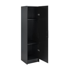 a black metal cabinet with two shelves