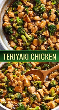 chicken and broccoli stir fry in a skillet with the title above it