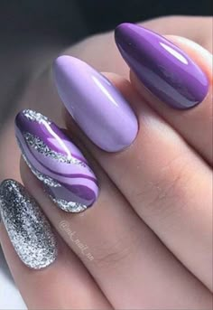 Purple Nail Art Designs, Purple Glitter Nails, Purple Nail Art, Purple Acrylic Nails, Purple And Silver