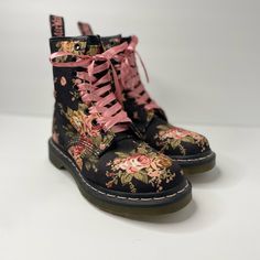 Black With A Floral Pattern. Vintage Style. I Love These So Much But They Are A Little Small On Me. I Got These A Few Years Ago But Only Wore Them Once. Air Wair With Bouncing Soles. Size 5 No Box Included. These Are In Great Condition With Only A Few Minor Details. They Are Slightly Fraying Near The Ankle At The Top Of The Laces. Also Small Scuffs On The Back Of The Soles. These Details Are Barely Noticeable Unless Looking Really Closely. (See The Last Few Photos.) Black Floral Print Boots With Round Toe, Floral Doc Martens, Floral Dr Martens, Foot Shoes, Floral Pattern Vintage, Ellowyne Wilde, Dr Martens Shoes, Martens Shoes, Crazy Shoes