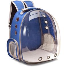 a blue and white cat carrier with its door open