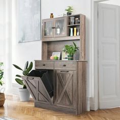 a wooden cabinet with two doors and some plants in it next to a potted plant