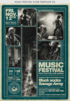 an event poster for the music festival in new york city, with photos of people playing instruments