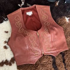 Excellent Used Condition (Euc) Kippy’s Brand Leather Vest Authentic Luxe Leather Gorgeous Rhinestones And Studs Handcrafted In The Usa One Of A Kind Only Worn Once For A Horse Show Gorgeous Brown Leather With Golden Chocolate Rhinestones And Brass Studs Leather Vest, Brown Gold, Brown Leather, Jackets & Coats, Jackets For Women, Leather, Women Shopping, Color