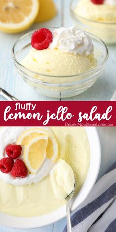 lemon jello salad with whipped cream and raspberries