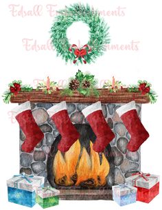 a watercolor painting of a fireplace with stockings on it and presents around the fire