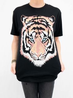 black tee with tiger on the front Graphic Tee With Tiger Print And Short Sleeves, Short Sleeve Graphic Tee With Tiger Print, Cotton Graphic Tee With Tiger Print, Tiger Portrait, Tiger Print Crew Neck Graphic Tee, Summer Short Sleeve T-shirt With Tiger Print, Tiger Graphic, Portrait Graphic, Graphic Tee Outfits