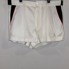 Vintage Adolfo Royalty Collection Tennis Shorts New With Tags Vintage New Old Stock Approximate Measurements Waist 16 Rise 10.5 Inseam 2.5 Tag Size 32 100 Polyester Made In Usa Retro White Shorts With Pockets, Retro White Short Bottoms, Retro White Fitted Shorts, Sporty Shorts For Workwear In Summer, Sporty Workwear Shorts For Summer, 80s Shorts, Summer Blazer, Tweed Trousers, Vintage Denim Shorts