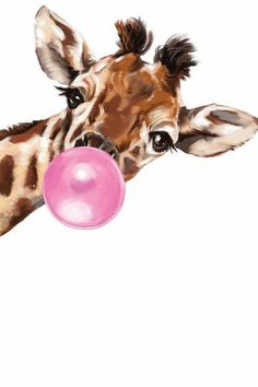 a painting of a giraffe with a pink ball in its mouth