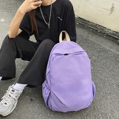 Color: Purple Purple Backpack Outfit, Large Capacity Leather Backpack In Solid Color, Large Capacity Backpack For Students, Large Capacity Standard Backpack For Students, Standard Backpack With Large Capacity For Students, Solid Color Large Capacity Backpack For Travel, Casual Leather School Backpack With Adjustable Straps, Versatile Softback Backpack For Back To School, Purple Softback Student Backpack