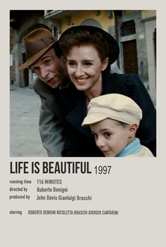 the movie poster for life is beautiful, featuring two men and a woman with hats on