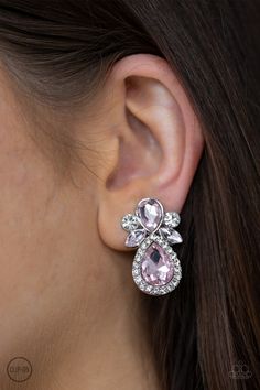 A regal collection of marquise, teardrop, and classic round style cut white and pink rhinestones coalesce into a glamorous frame. Earring attaches to a standard clip-on fitting. Sold as one pair of clip-on earrings. P5CO-PKXX-026XX MY CUSTOMERS REFER TO THESE AS PINK ANGEL CLIPON EARRINGS. AREN'T THEY ADORABLE? Paparazzi Accessories Jewelry, Pink Box, Paparazzi Accessories, White Rhinestone, Silver Bars, Paparazzi Jewelry, Pink Earrings, Pink Rhinestones, Boutique Jewelry