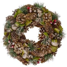 a christmas wreath with pine cones and berries