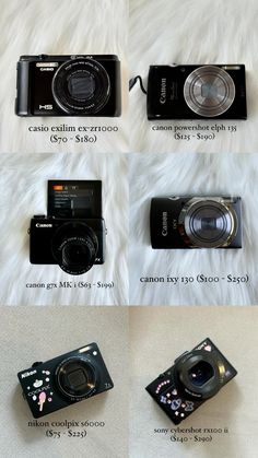 four different types of cameras sitting on top of a white fur covered floor next to each other