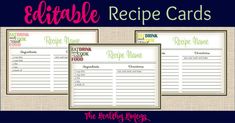 three recipe cards with the words, edible recipe cards and an image of food items on them