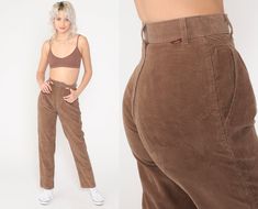 "Vintage 80s pants in brown corduroy with a high waist, pleats, and tapered leg.  Please see measurements and condition below. Every garment we sell is authentic vintage! You will receive the exact item photographed. Condition: Very good vintage. Best fits women's: Extra small Tag: lee Material:  corduroy MEASUREMENTS Taken from seam to seam while the garment is lying flat. Double the armpit, waist, and hips For reference, model is 5'7\" and measures 31-23-35. Waist: 12\" Hips: 19\" Inseam: 30\" Vintage Brown Corduroy Bottoms, Retro High-waist Corduroy Pants, High Waist Retro Corduroy Bottoms, Retro High-waist Corduroy Bottoms, Vintage High Waist Corduroy Bottoms, High Waist Vintage Corduroy Pants, Vintage High Waist Corduroy Pants, Vintage High-waist Corduroy Pants, Vintage High Rise Brown Bottoms