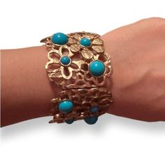 Beautiful Flower Gold Tone Bracelet With Turquoise Color Stones. It’s Stretchy So It’ll Most Most People. The Width Of The Bracelet Is 1.75”. 2 Gold Filigree Bracelet, Metal Cuff Bracelet, Turquoise Bead Bracelet, Beaded Cuff Bracelet, Color Stones, Moonstone Bracelet, Leather Flowers, Sterling Silver Cuff Bracelet, Elegant Bracelet