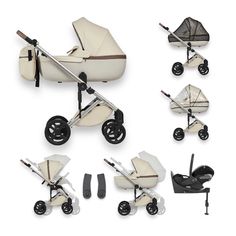 the baby stroller is shown with all its accessories in it's different positions