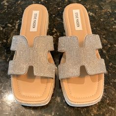 Beautiful Brand New Unworn Steve Madden Slip On Bejeweled Sandals, Slides. Flat And Well Cushioned. Sexy. Can Be Dressed Up Or Worn Casual. Perfect Condition. Bedazzled Round Toe Summer Heels, Bedazzled Round Toe Heels For Summer, Summer Bedazzled Heels With Round Toe, Chic Bling Sandals For Summer, Chic Summer Sandals With Bling, Steve Madden Platform Sandals, Sparkly Sandals, Leopard Print Sandals, Strappy Platform Sandals