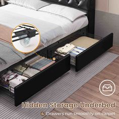 the hidden storage under bed drawer is open and shows what it's supposed to look like