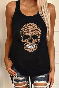 Black Leopard Skull Print Tank Top Black Skull Print Top For Halloween, Edgy Black Top With Skull Print, Casual Black Tops With Skull Print, Casual Black Skull Print Tops, Leopard Skull, Swimwear Plus Size, Tank Top Women, Affordable Fashion Women, Graphic Style