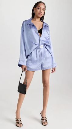 Alexander Wang - Pajama Boxer Shorts and Long Sleeve Shirt Set Designer Silk Shirt With Button Closure, Button-up Shirt With Button Closure For Loungewear, Silk Pyjama Set Shorts, Lilac Silk Pajamas, Button-up Sleepwear With Pockets For Loungewear, Silk Shorts, Cardigan Sweater Jacket, Lingerie Accessories, Gothic Dress