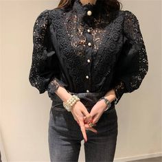 Vintage Lace Blouses, Patch Blouse, Autumn Clothing, Flower Party, Pretty Blouses, Puff Long Sleeves, Boho Shirts, Black Lace Tops, Fashion Korean