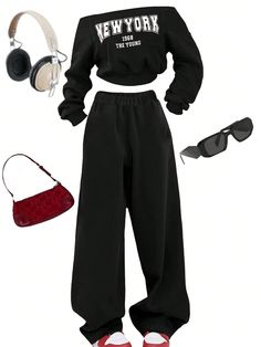 2pcs/Set Teenage Girls Casual Off-Shoulder Sweatshirt And Sweatpants Set Black     Letter  Slight Stretch  Teen Girls Clothing, size features are:Bust: ,Length: ,Sleeve Length: Cute Fits For School Summer, Shein Outfits Comfy, Cute Outfits For School Black, Teen Clothes Aesthetic, Black Cute Outfits, Dance Clothes Outfits, Winter Fits Black Women, Cute Clothes For Teenagers, Stud Clothes