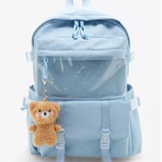 Authentic Brand New With Tag Unused. Ship With Care,Photos Taken From Actual Item. Note: Brand New. Lua Pastel Blue Bear Plush Backpack Keep Your School Bag Simple And Cute With This Pastel Blue Backpack! It Comes With A Plush Bear Key Chain, And A Clear Front Zipper Pocket. Below Is A Pocket With A Hidden Zipper And Transparent Buckle Straps For Secuity. There Are Side Pockets With Adjustable Buckle Straps For Tightening. Interior Comes With A Laptop Sleeve And More Drop Pockets. 11" X 4 1/2" X Trendy Blue Student Backpack, Blue Backpack Shoulder Bag For School, Casual Blue Backpack With Adjustable Straps, Trendy Light Blue Backpack For Students, Rectangular Blue Backpack, Casual Blue Student Backpack, Blue Backpack With Pockets For Daily Use, Blue Backpack For Students, Blue Nylon School Bag