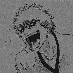 an anime character with his mouth open and tongue out, in black and white ink