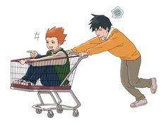 an image of two boys pushing a shopping cart