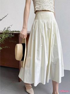 Qteee - High-Waisted Pleated Midi Skirt with Elastic Waistband and Cascading Pleats Midi Skirt Pattern, Skirt With Elastic Waistband, Midi Wrap Skirt, Flowy Design, Fashion Bottoms, Maxi Dress Pattern, Skirts Midi High Waisted, Half Sleeve Dresses, Pleated Midi Skirt