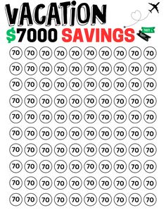 a poster with the words vacation savings written in black and red on it, along with an airplane flying overhead