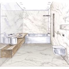 a drawing of a bathroom with marble walls