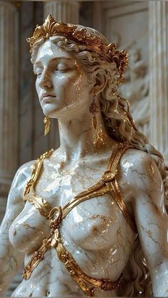 a white statue with gold chains around it's neck and hands on her chest