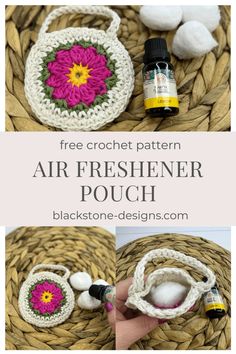 crocheted air freshener pouch is shown in three different pictures