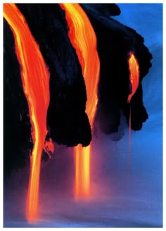 lava flowing into the ocean at night with bright orange light coming from it's sides