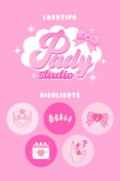 a pink background with the words, logos and icons for baby studio on it's side