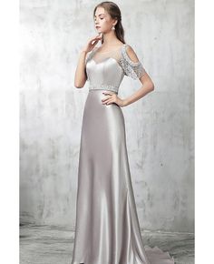 Buy long formal grey sequined classy prom dress with tassels sequins sleeves at affordable price online. Free shipping and pro custom service since 2009. Classy Prom Dress, Long Silver Dress, Gray Evening Gown, Silver Formal Dresses, Gray Formal Dress, Dress With Tassels, Satin Evening Dress, Vintage Ball Gowns, Classy Prom