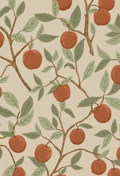 an orange tree with leaves and apples on it's branches is featured in this wallpaper design