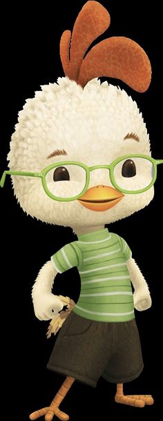 an animated chicken wearing glasses and a green shirt