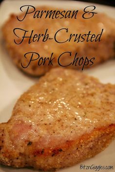 pork chops on a white plate with parmesan and herb crust