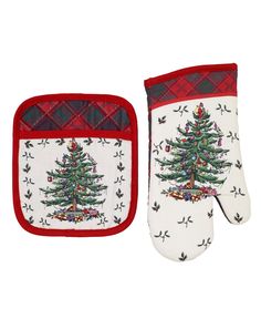 oven mitt and pot holder with christmas tree on white, red trimmings