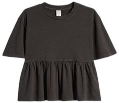 Casual Cotton Peplum Top, Trendy Cotton Top With Ruffle Hem, Casual Crew Neck Top With Ruffle Hem, Fall Short Sleeve Top With Ruffle Hem, Fall Cotton T-shirt With Ruffles, Cotton Ruffle Peplum Top, Cotton Peplum Top With Ruffles, Casual Peplum Top With Ruffle Hem For Fall, Casual Fall Peplum Top With Ruffle Hem