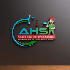 the logo for ambika house keeping and services, which is located in an office building